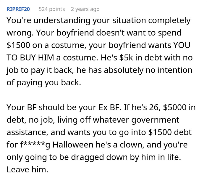 Comment discussing a man with $5K debt asking his girlfriend to take a $1.5K loan for a Spiderman costume purchase.