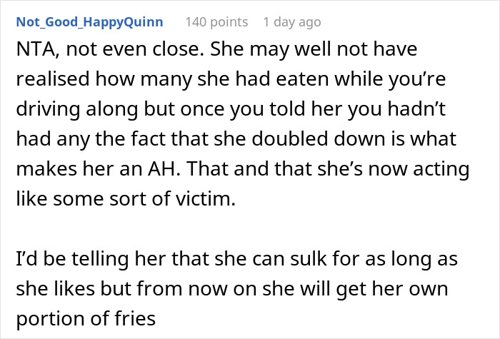 Text from an online forum discussing family drama after a man films his wife secretly to prove she eats his fries. Text from an online forum discussing family drama after a man films his wife secretly to prove she eats his fries.
