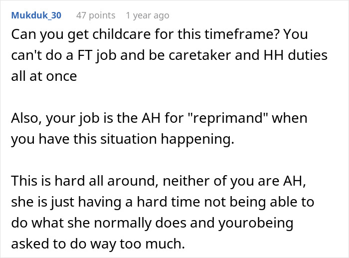 Comment discussing challenges of managing work and caregiving duties for pregnant bedridden wife being needy and affecting meetings.