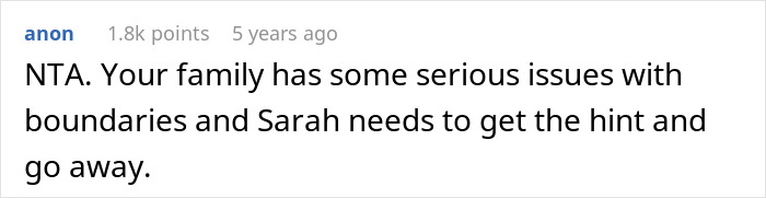 Text conversation screenshot showing a comment about family boundaries and telling Sarah to get the hint and go away.