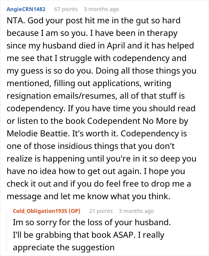 Screenshot of a Reddit conversation about codependency and ending a friendship with a woman who has 5 kids and 4 dads.