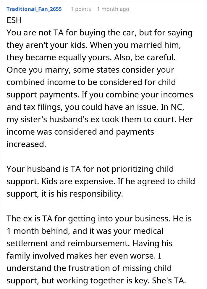 Comment explaining car purchase with car accident settlement money causing conflict with husband&rsquo;s ex over child support issues.