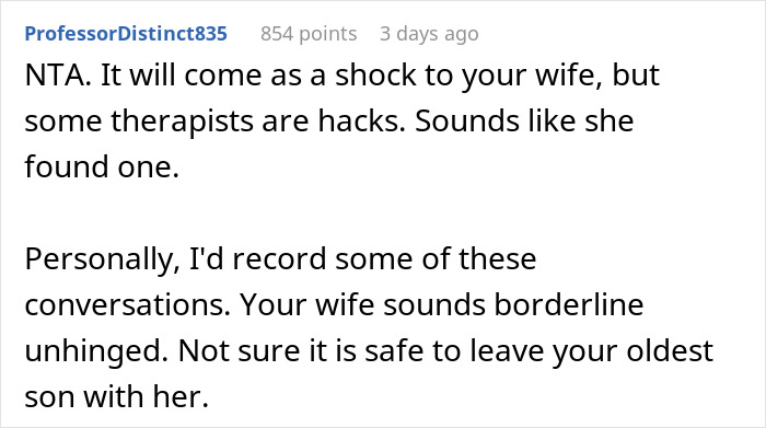 Comment discussing concerns about therapist quality and a troubled marriage in an AITAH for telling my wife to marry her therapist post.