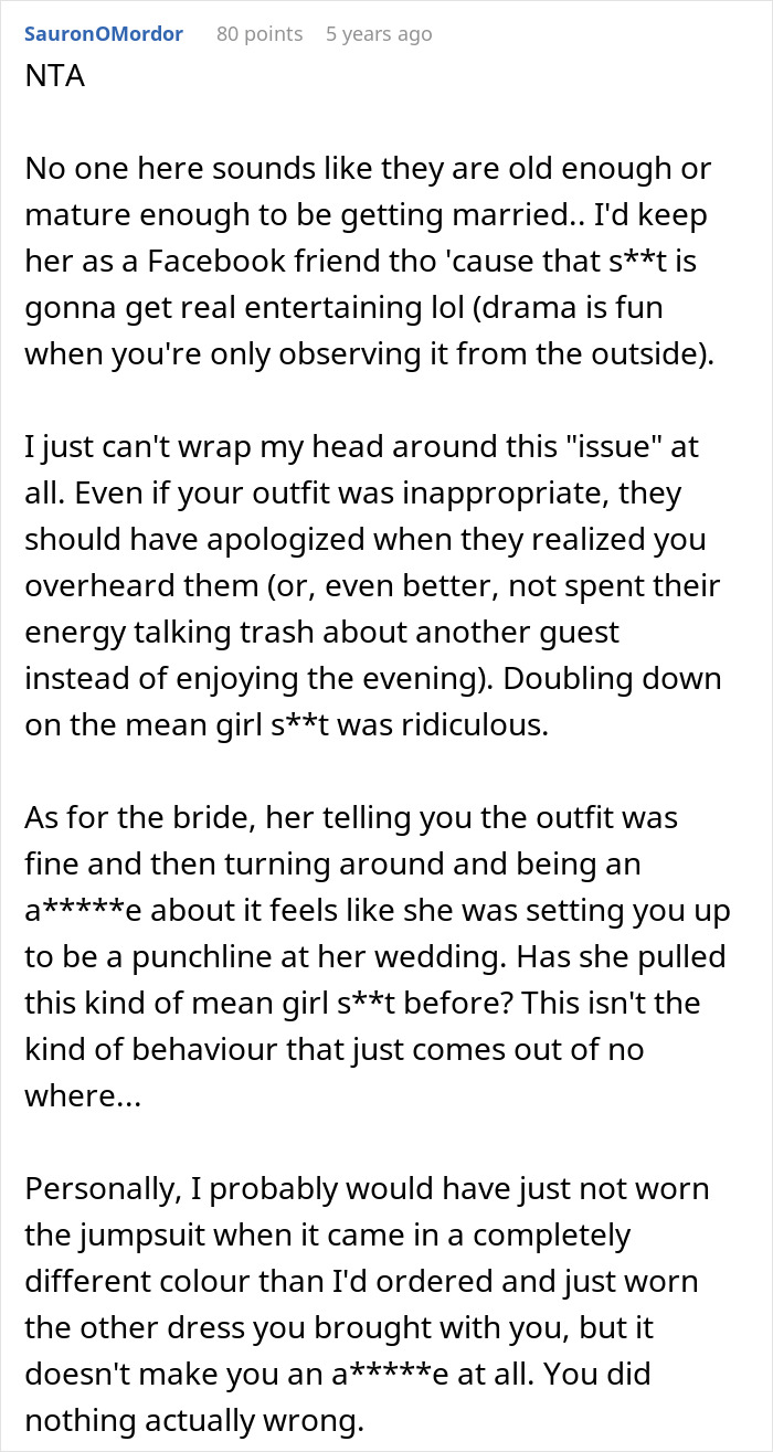 Screenshot of a social media comment discussing a woman clapping back after being shamed for wedding guest attire. Screenshot of a social media comment discussing a woman clapping back after being shamed for wedding guest attire.