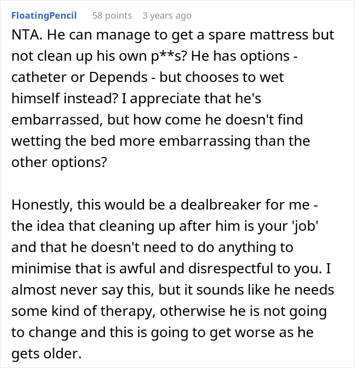 Comment discussing husband refusing to use diapers or catheter, causing wife to clean bed repeatedly and stand up for herself.