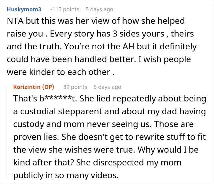 Online comments revealing a teen&rsquo;s frustration with stepmom&rsquo;s hypocrisy and lies shared publicly about custody and family.