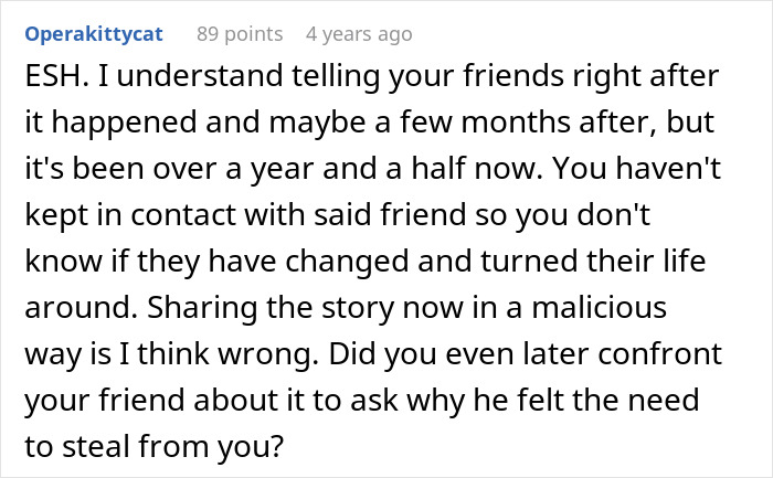 Screenshot of a Reddit comment discussing a man refusing to forgive his ex-friend who stole $40 years ago.