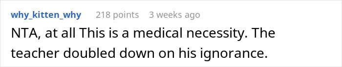 Screenshot of online comment criticizing math teacher for banning diabetic kid from checking glucose, highlighting medical necessity issue.
