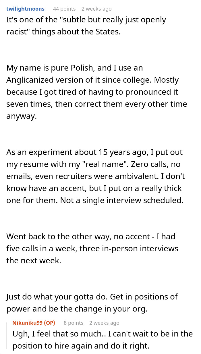 Screenshot of Reddit comments discussing how changing to a white-sounding name led to more job offers and interviews.