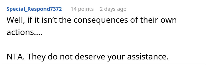 Reddit comment explaining parents spoiled daughter, went broke, and asked neglected son for financial help.