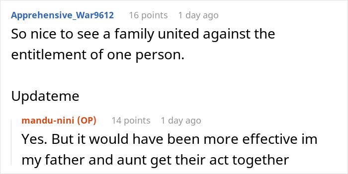 Screenshot of an online discussion showing a woman gleaming watching cousin&rsquo;s wife struggle after quitting free babysitting.