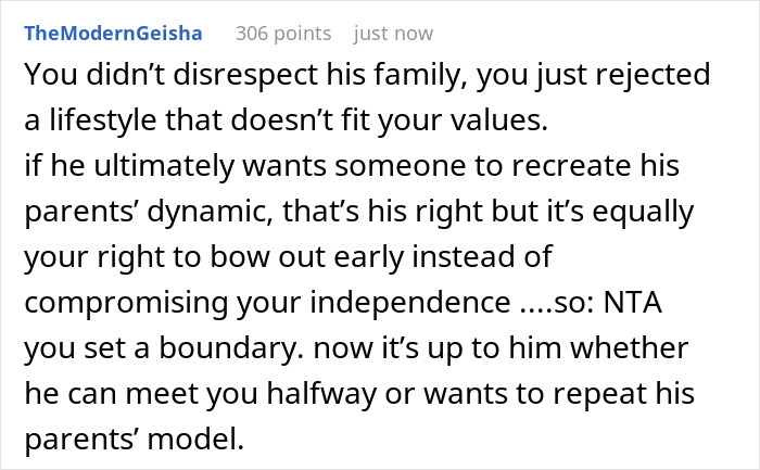 Text post from a user explaining boundaries with a boyfriend&rsquo;s mother and family expectations about lifestyle choices.
