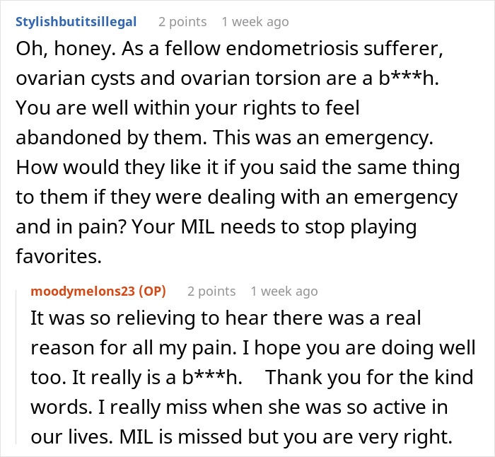 Reddit conversation about woman struggling without support after surgery while caring for two kids and feeling abandoned.