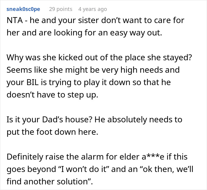 Comment discussing BIL trying to dump grandma on wife&rsquo;s siblings as sister is called selfish for refusal.