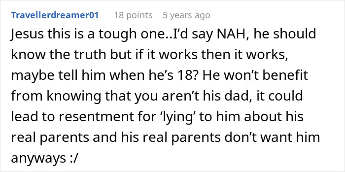 Comment discussing whether a guy should tell his son about his real parents and the possible consequences of revealing the truth.