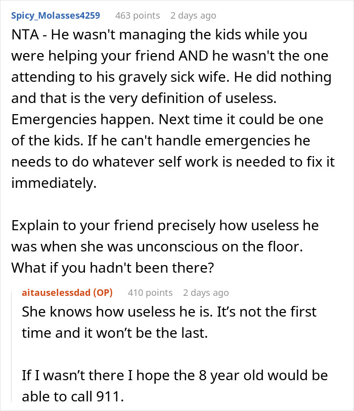 Reddit comment discussing clueless husband standing and watching as wife passes out with 104-degree fever, highlighting neglect.