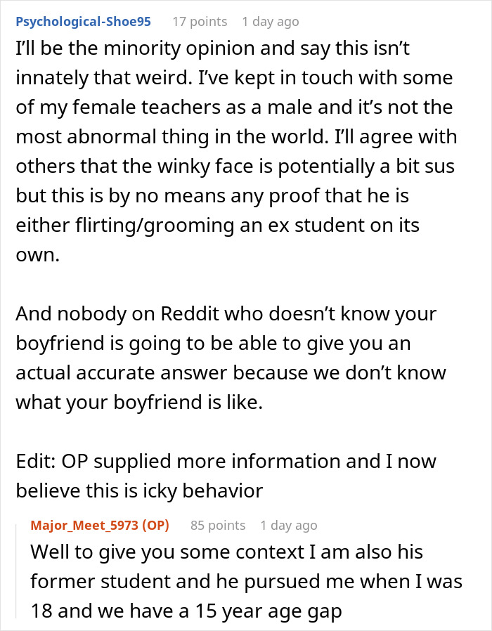Reddit users debate if 43YO texting former student is appropriate as partner shares screenshots for judgment.