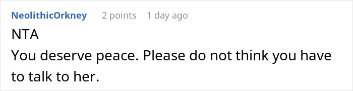 Screenshot of an online comment advising peace and not feeling obligated to reconcile after a mom told daughter she wishes she was never born.