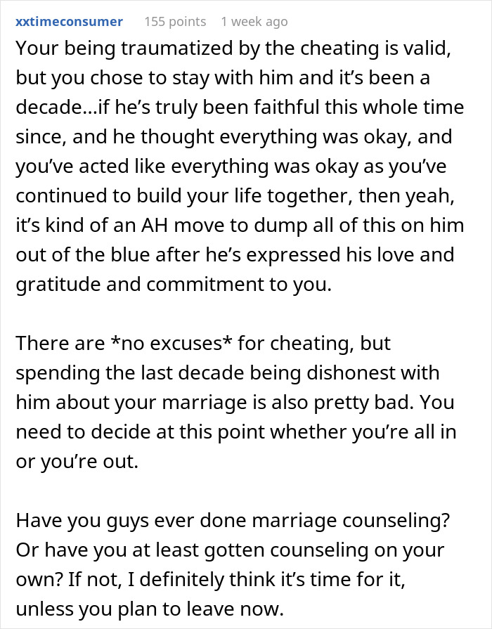 Comment discussing the emotional impact of a husband's affair and the importance of marriage counseling for healing.