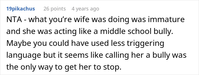 Screenshot of an online comment discussing a husband calling his wife a bully to trigger her based on past bullying experiences.