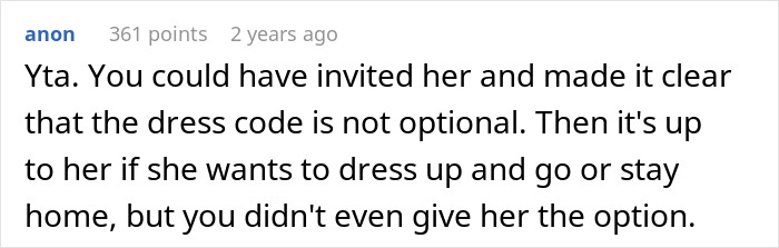 Screenshot of an online comment debating excluding a friend from an extravagant ball to protect the event&rsquo;s aesthetic.