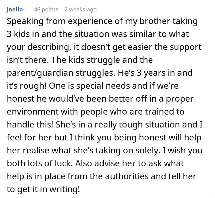 Comment discussing challenges of saving niblings from foster care and the impact on relationships and support systems.