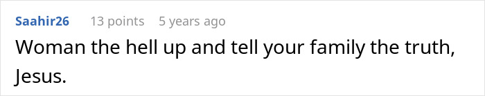 Comment text on a white background discussing a family truth moment during a reconciliation attempt involving a guy and his ex-fianc&eacute;.