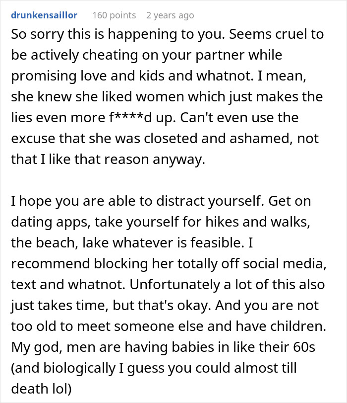 Comment expressing sympathy for man learning fianc&eacute;e is in love with her friend, offering advice on moving forward.