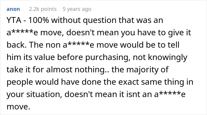 Comment discussing a man refusing to sell back a $50K guitar bought for $4K, calling the move questionable. Comment discussing a man refusing to sell back a $50K guitar bought for $4K, calling the move questionable.
