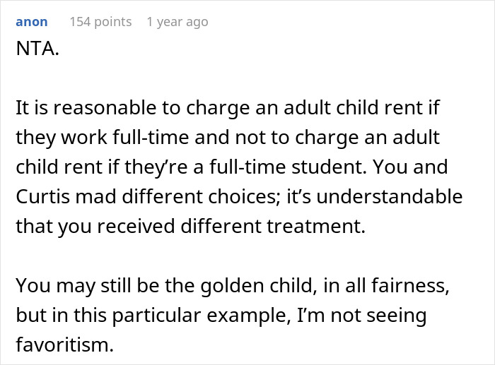 Screenshot of a Reddit comment discussing fairness and golden child favoritism in family rent charges.