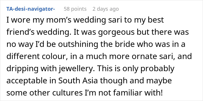 Guest wearing own wedding dress styled as a traditional sari at a friend&rsquo;s wedding, blending elegance without outshining the bride.