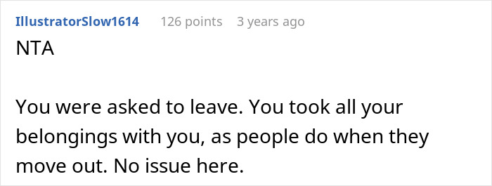 Screenshot of a Reddit comment discussing parents kicking out daughter to move into her remodeled room and her response.