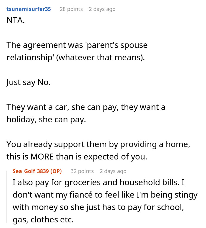 Online discussion about guy refusing to be step-father to fianc&eacute;e&rsquo;s children due to gifts and financial expectations.