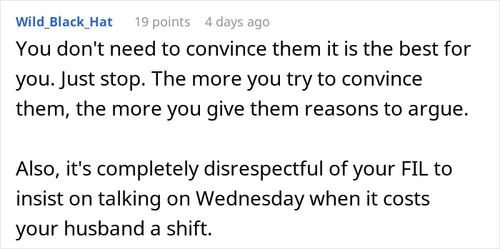 Reddit comment about parents guilt-tripping daughter-in-law over babysitting and disrespecting husband&rsquo;s work schedule.
