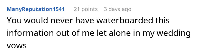 Comment text on a white background discussing a wedding vow admission related to staging an apartment to impress a guy.