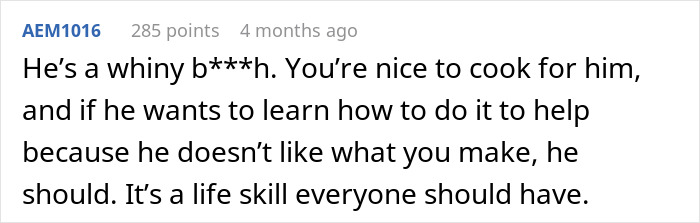 Screenshot of an online comment discussing a husband yelling at his wife for cooking the same dish after restricting ingredient purchases.
