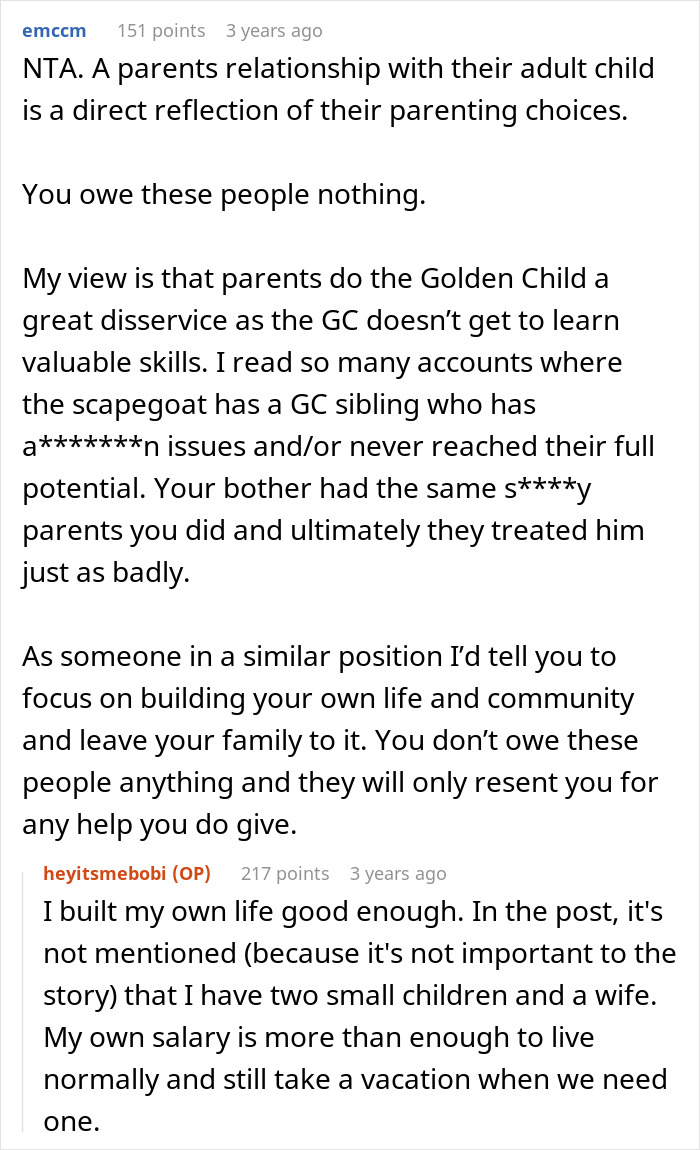 Reddit conversation discussing parents&rsquo; favoritism and its impact on their adult child&rsquo;s refusal to help them.