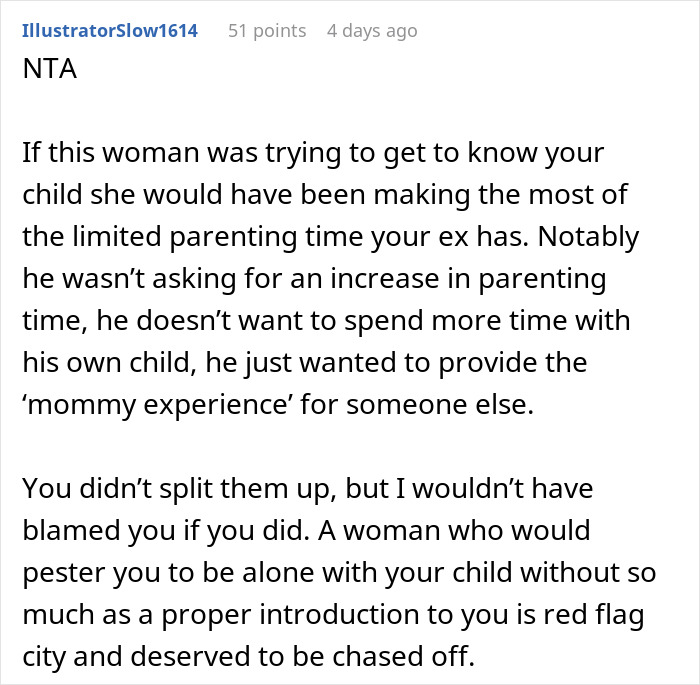 Text conversation discussing a woman tired of being treated as stranger danger to her future stepkid and breaking off engagement.