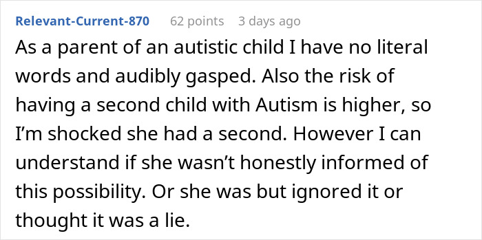 Comment discussing the emotional reaction of a parent of an autistic child about risks and understanding in a family situation.