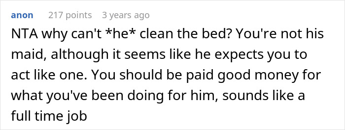 Comment on wife cleaning bed multiple times with husband refusing to use diapers or catheter, highlighting caregiving frustration.