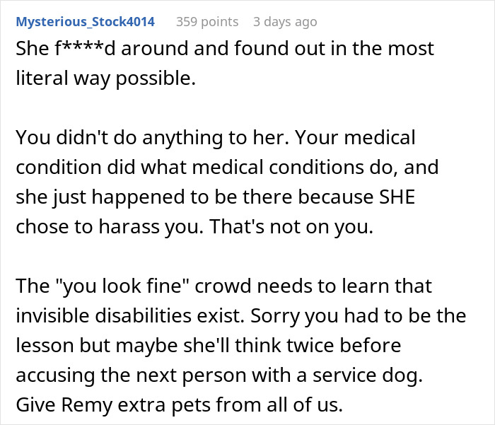 Comment discussing service dog fraud and the impact of invisible disabilities on shoppers and accusers.