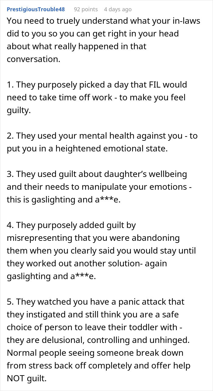 Reddit comment explaining how parents use guilt-tripping and manipulation after daughter-in-law refuses to be a cheap babysitter.