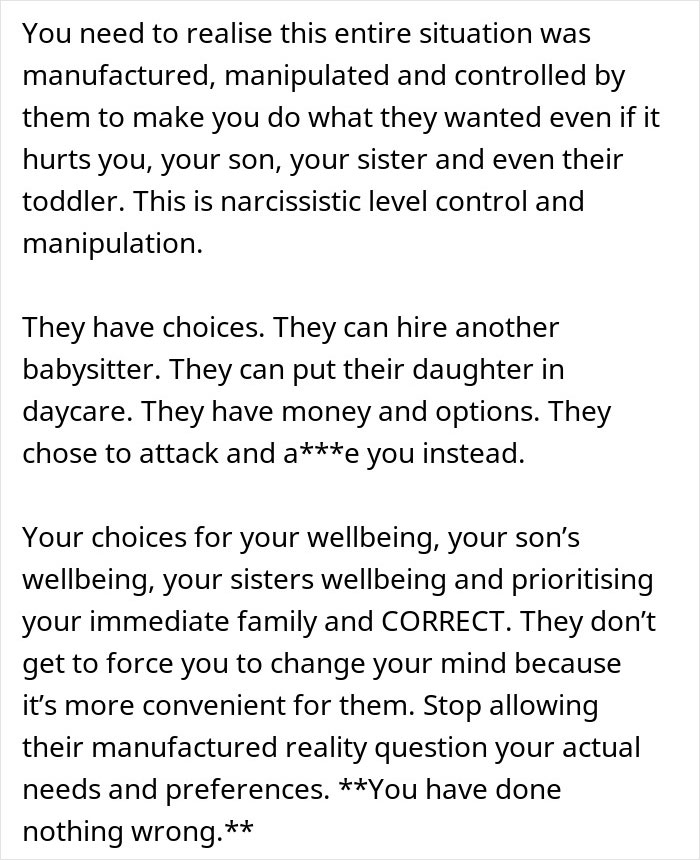 Text discussing parents using guilt-tripping and manipulation after daughter-in-law refuses to be a cheap babysitter.
