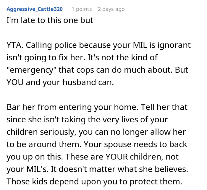 Comment discussing how a monster-in-law puts daughter-in-law&rsquo;s life in danger and gets banned from their home.