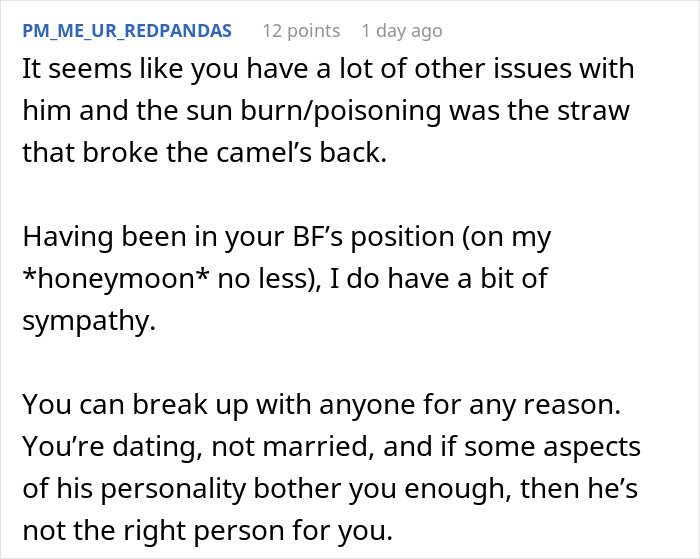 Comment discussing a boyfriend&rsquo;s true colors revealed during vacation, prompting realization he&rsquo;s not the one anymore.