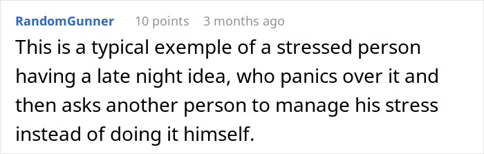 Text comment about a stressed employee panicking over an idea while taking public transit to work.