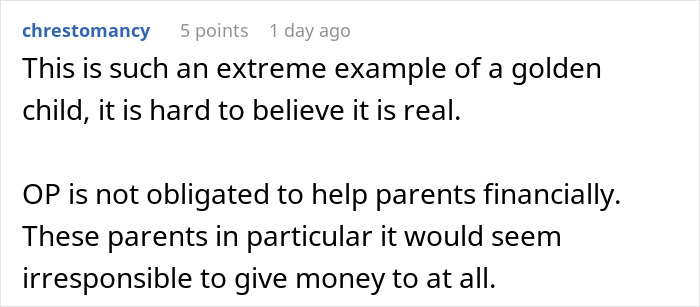 Screenshot of a Reddit comment discussing parents spoiling their daughter and neglecting their son financially.