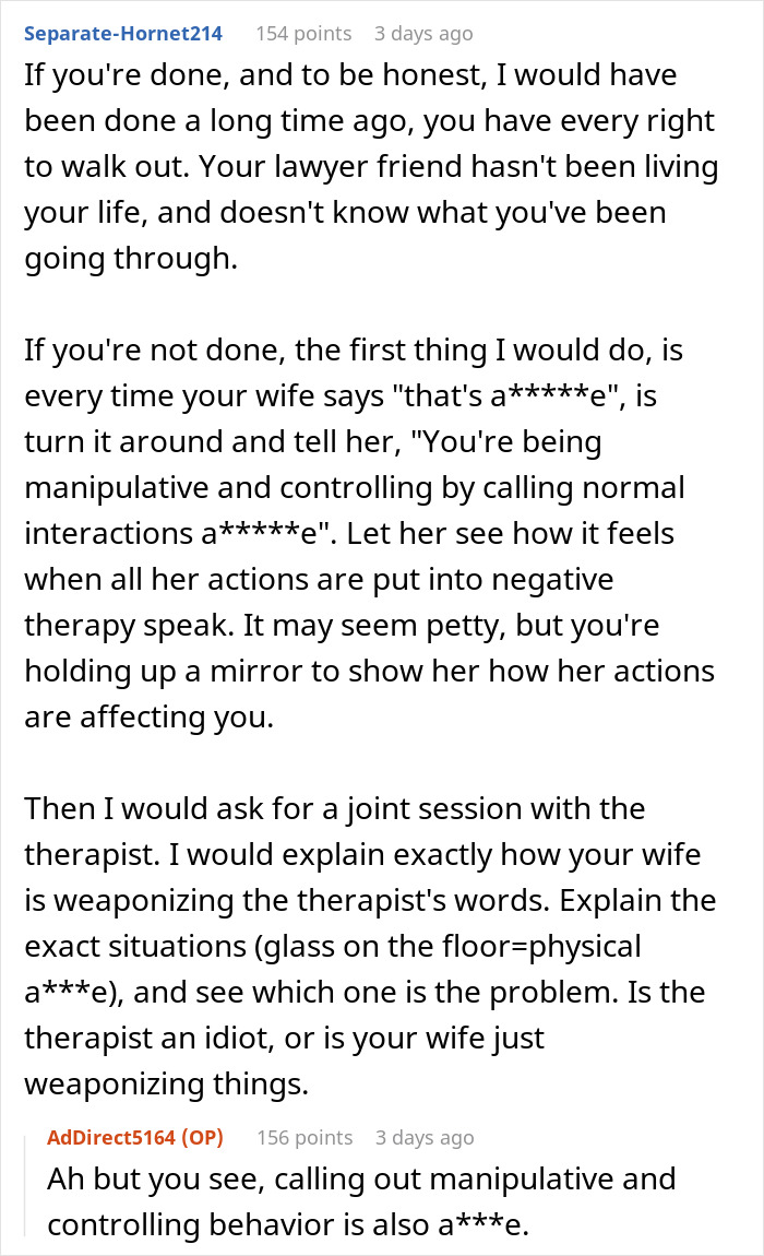 Reddit advice discussing being done in a marriage and involving wife&rsquo;s therapist in conflict resolution.