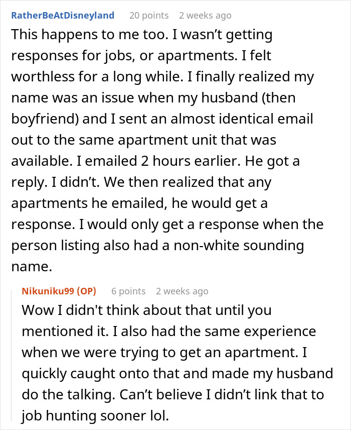 User discussing bias in job offers and apartments due to having a non-white-sounding name and changing to a white-sounding name