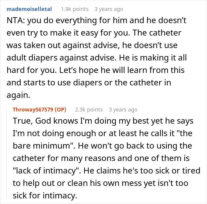 Reddit comments discussing a wife cleaning bed frequently as husband refuses to use diapers or catheter.